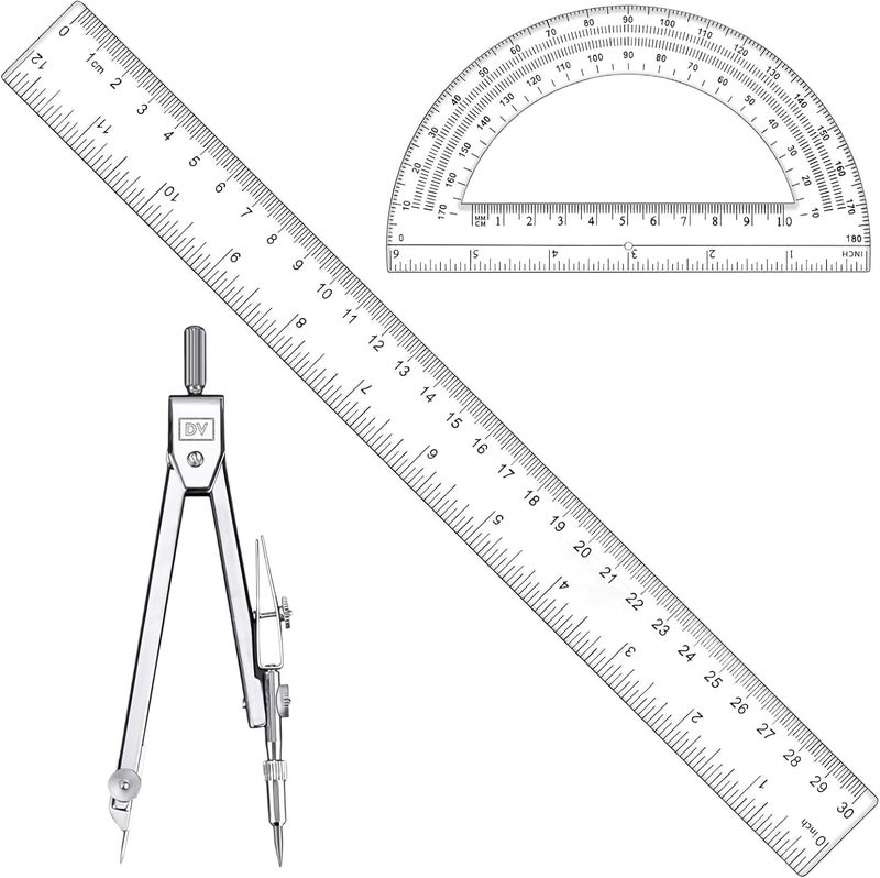 CNTVO 3 Pcs Plastic 12 Inch Ruler, Clear Protractor and Compasses Set for Student Geometry, Durable Transparent Drawing Measuring Rulers for School Office - Image 1